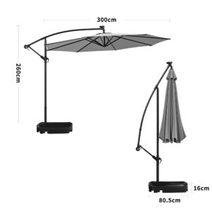 Light Grey 3m Iron Banana Umbrella Cantilever Garden Parasols with LED Lights