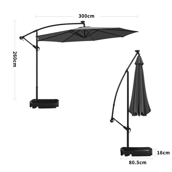 Dark Grey 3m Iron Banana Umbrella Cantilever Garden Parasols with LED Lights