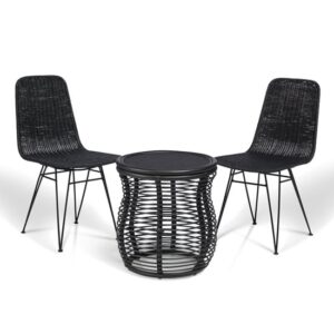 Rybnik Rattan Bistro Set In Black With 2 Puqi Black Dining Chairs